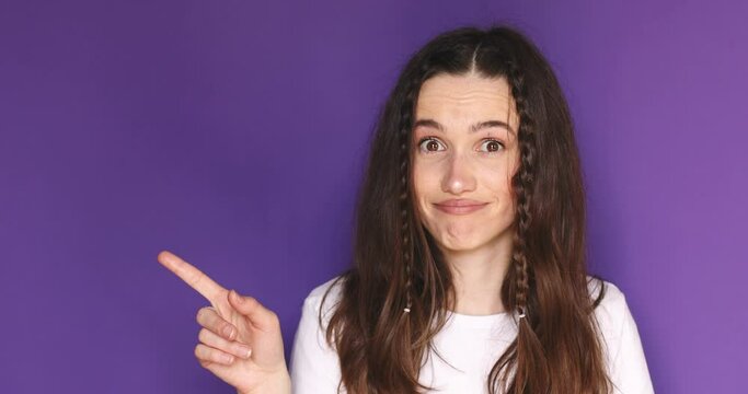 Be quiet, i won't tell anyone, keep secret forever, confidential information. Attractive playful woman uses sign language zips mouth with hands asks to keep secret has mysterious on purple background.