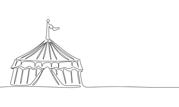 Big top circus. One line continuous circus tent. Line art tent for carnival. Outline vector illustration.