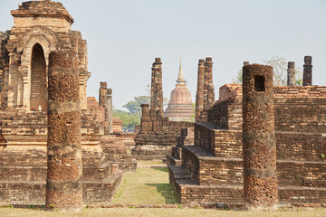 The elaborate Buddhist temple of Wat Mahathat in the historic city of Sukhothai, Thailand