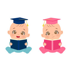 Cute baby boy and girl with graduation hat and book