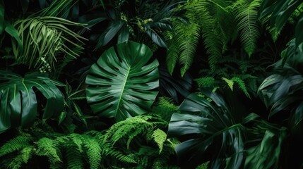 Fototapeta na wymiar Tropical background with monstera leaves. Realistic illustration, Generative AI
