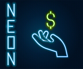 Glowing neon line Hand holding coin money icon isolated on black background. Dollar or USD symbol. Cash Banking currency sign. Colorful outline concept. Vector