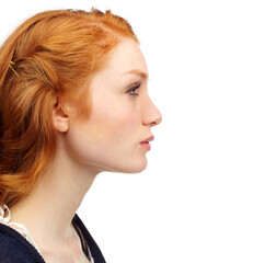 Fototapeta premium Woman, face profile and ginger hair with thinking and natural beauty in a studio. White background, young person and female model with cosmetics and confidence with makeup and skin glow and mockup