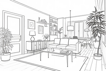 Modern living room interior. Black and white illustration created with generative AI technology.