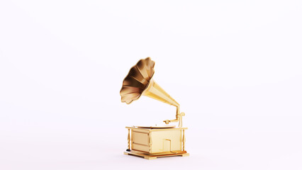 Gold Gramophone Record Player Turntable Vintage Music Golden Luxury Art Decorative Wealth Elite White Background 3d illustration render digital rendering