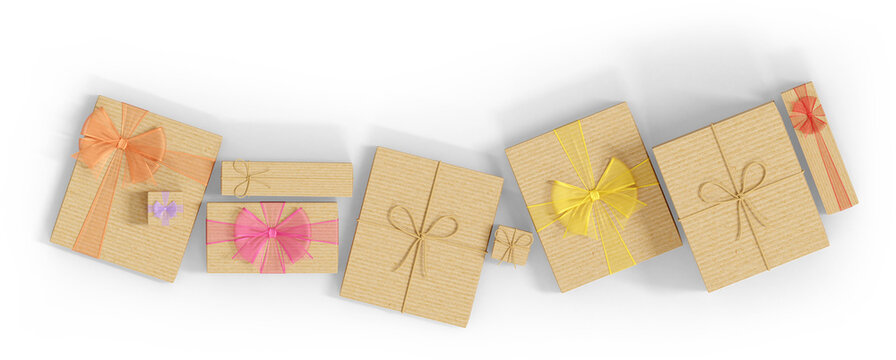3D Render Top View Of Gift Boxes With Bows Flatlay