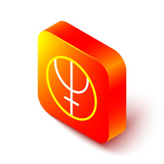 Isometric line Neptune planet symbol icon isolated on white background. Astrology, numerology, horoscope, astronomy. Orange square button. Vector