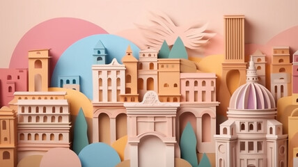 Fototapeta premium Layered paper travel concept in pastel. generative ai