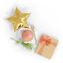 3D Render Birthday Party With Cupcake And Gift Box