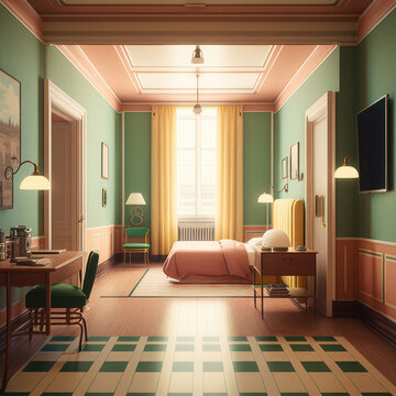 Living Room Interior Retro Style, Empty Hotel Room In The Design Of Wes Anderson