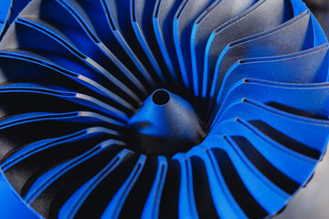 Macro steel blades of turbine propeller blue color