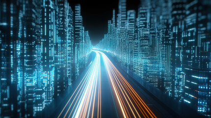 abstract highway path through digital binary towers in city. Concept of big data. created with Generative AI