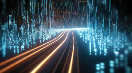 abstract highway path through digital binary towers in city. Concept of big data. created with Generative AI