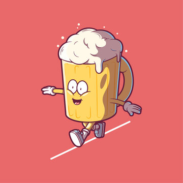 Beer mug character walking on a white line vector illustration. Drink, funny, party design concept.