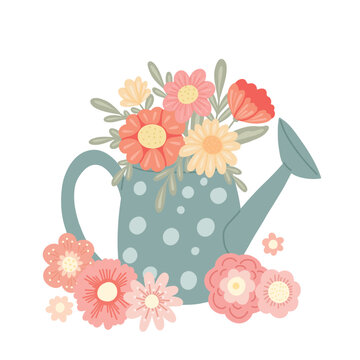 Vector cute illustration of a watering can with a bouquet of flowers isolated from the background. Romantic clipart with original vase