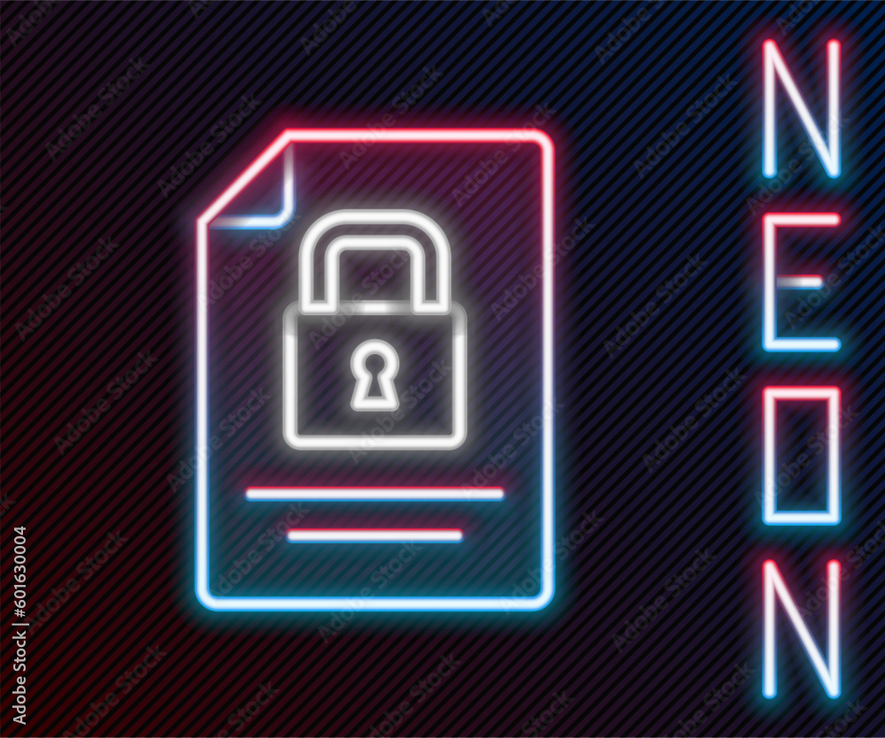 Poster glowing neon line document and lock icon isolated on black background. file format and padlock. secu