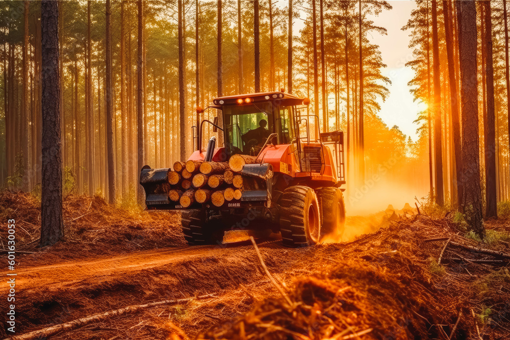 Wall mural harvester heavy forestry vehicle working in the sunset. tractor in background. forestry, cutting dow