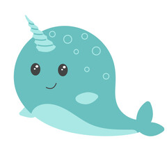 Cute cartoon narwhal. Vector illustration on white background. Kawaii blue narwhal for card, poster, t-shirt. 