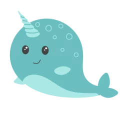 Fototapete Wal Cute cartoon narwhal. Vector illustration on white background. Kawaii blue narwhal for card, poster, t-shirt. 