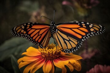 Fototapeta premium Monarch butterfly on a petal - Generative AI