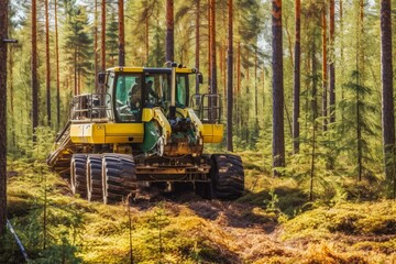Harvester heavy forestry vehicle working in the sunset. Tractor in background. Forestry, cutting down trees concept. Generative AI