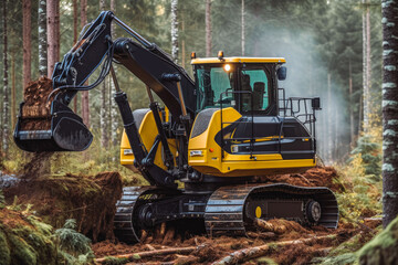 Ponsse ergo forest harvester on logging site. Tractor in background. Forestry, cutting down trees concept. Generative AI