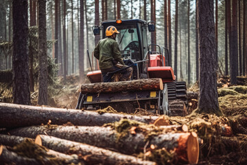 Lumberjack cutting tree in forest. Tractor in background. Forestry, cutting down trees concept. Generative AI