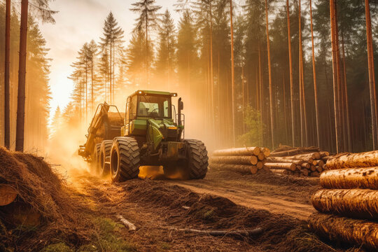 Harvester heavy forestry vehicle working in the sunset. Tractor in background. Forestry, cutting down trees concept. Generative AI