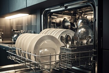 Side view of an open automatic built-in dishwasher with clean dishes on the kitchen background. Generative AI