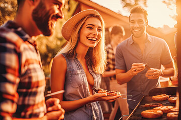 Happy friends having fun grilling meat enjoying barbecue. Summer evening with friends having a garden party. Generative AI