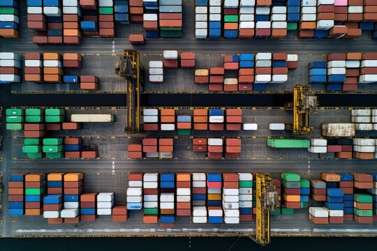 Stacked Cargo Containers Top Down Aerial View. Containers At Logistics Terminal. Cargo Container Outdoor Warehouse. Generative AI