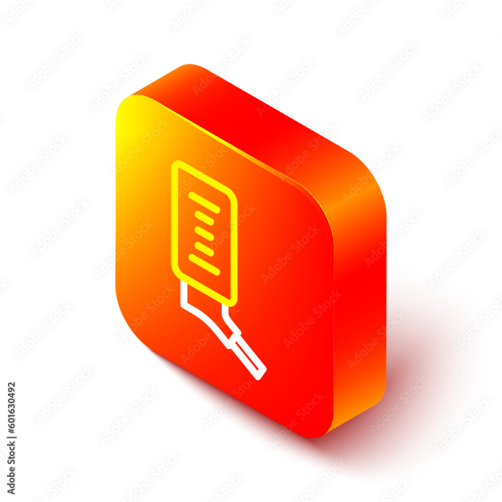 Poster isometric line automatic drinker for small pets icon isolated on white background. orange square but