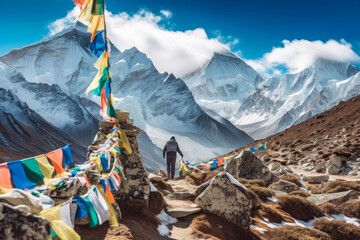 Mount Everest with tourist trekking and prayer flags in background. Everest Nepal hiking in snow. Generative AI