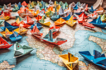 Naklejka premium Paper boats with the colors of USA and China surrounding. Working together, united, peace agreement concept. Generative AI