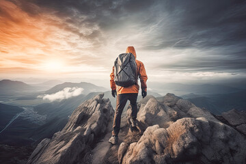 Fototapeta premium Setting goals in life concept. Mountain climber heading to the top. Symbol of successful achievement with goal and objective target. Generative AI