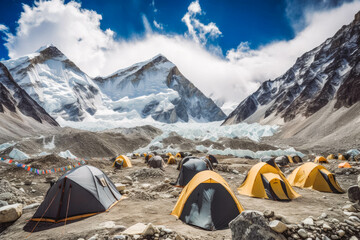 Mount Everest base camp. Group of people camping during trekking Everest Nepal in snow. Generative AI