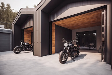 Fototapeta na wymiar Modern garage doors with carport motorcycle parked in the driveway. Motorcycle in front of house. Generative AI