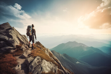 Setting goals in life concept. Mountain climber heading to the top. Symbol of successful achievement with goal and objective target. Generative AI