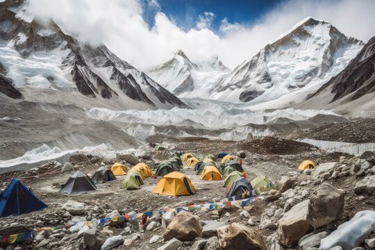Mount Everest base camp. Group of people camping during trekking Everest Nepal in snow. Generative AI