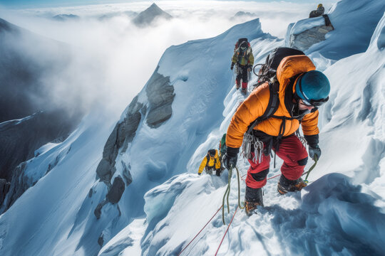 Climbers crossing a crevasse over a ladder. Everest Nepal hiking in snow. Generative AI