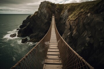 Rope bridge suspended between rocky cliffs and sea waves crashing on rocks in background. Generative AI