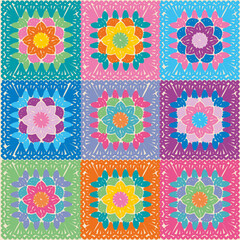 Granny square pattern. Multicolor crochet flowers. Vector illustration file. - obrazy, fototapety, plakaty