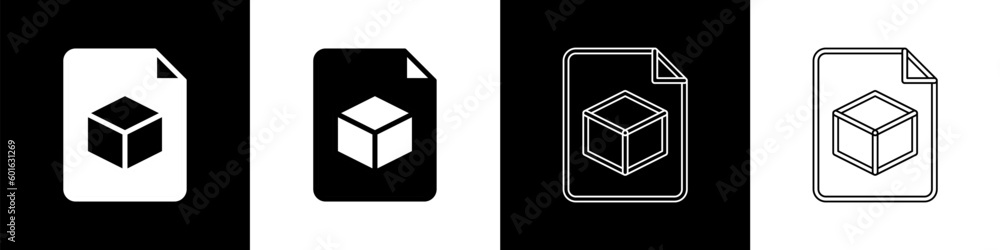 Poster set isometric cube file icon isolated on black and white background. geometric cubes solid icon. 3d 