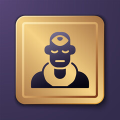Purple Wizard warlock icon isolated on purple background. Gold square button. Vector