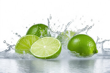 Fototapeta na wymiar Refreshing limes with water splashes on a white background. created with Generative AI