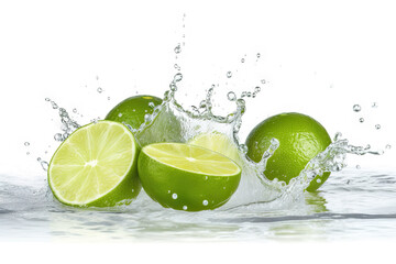Obraz na płótnie Canvas Refreshing limes with water splashes on a white background. created with Generative AI