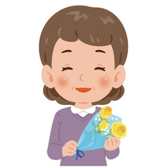 黄色いバラの花束を持った中年女性