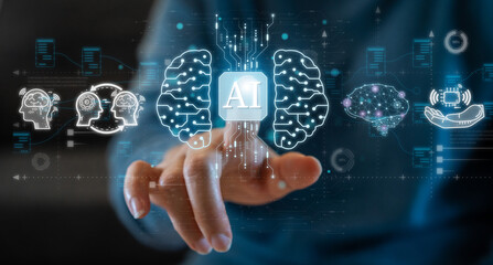 Concept of Artificial intelligence, AI robot, brain, idea, development, think, futuristic technology transformation, science, human touching on screen AI brain, machine learning technology development