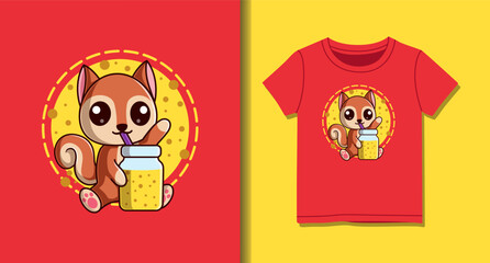Cute Squirrel Drinking Smoothie Vector Cartoon Illustration for T-Shirt Design
