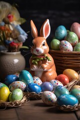 Fototapeta na wymiar The Easter bunny has many colorful eggs and is happy. (Generative AI)